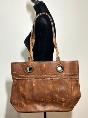 Buffalo Jackson Brown Distressed Weathered Leather Braided Strap Tote Bag Purse